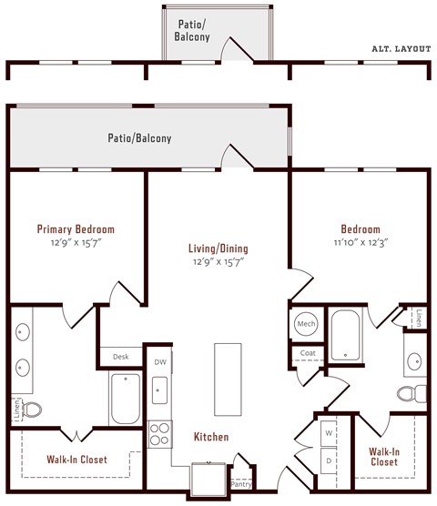 Floor plan for 2 beds, 2 baths, 1131 sqft